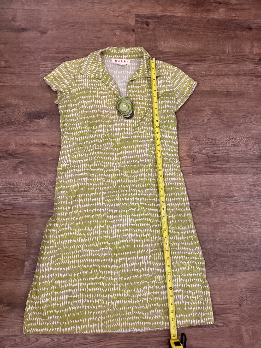 Marni Lime Green and White Patterned Short Sleeve Midi Dress Size 46/ US 10